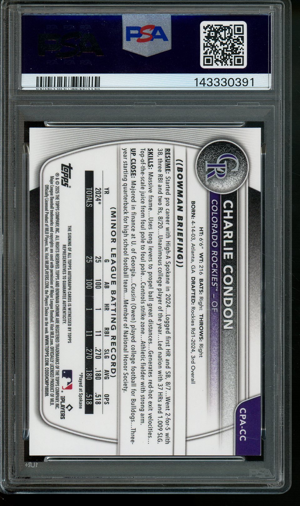 2025 Bowman Chrome Charlie Condon 1st Bowman Speckle Autograph /299 PSA 9 Rockies