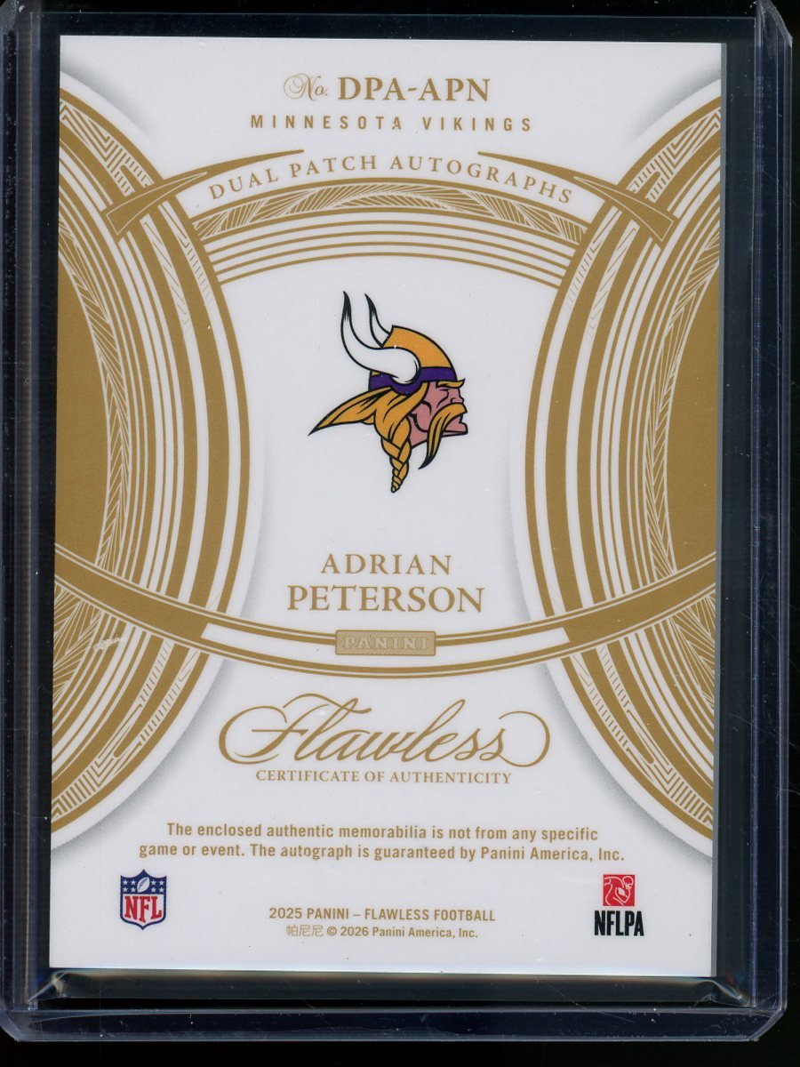 2025 Panini Flawless Adrian Peterson Rookie Dual Patch Autographs /20 Vikings