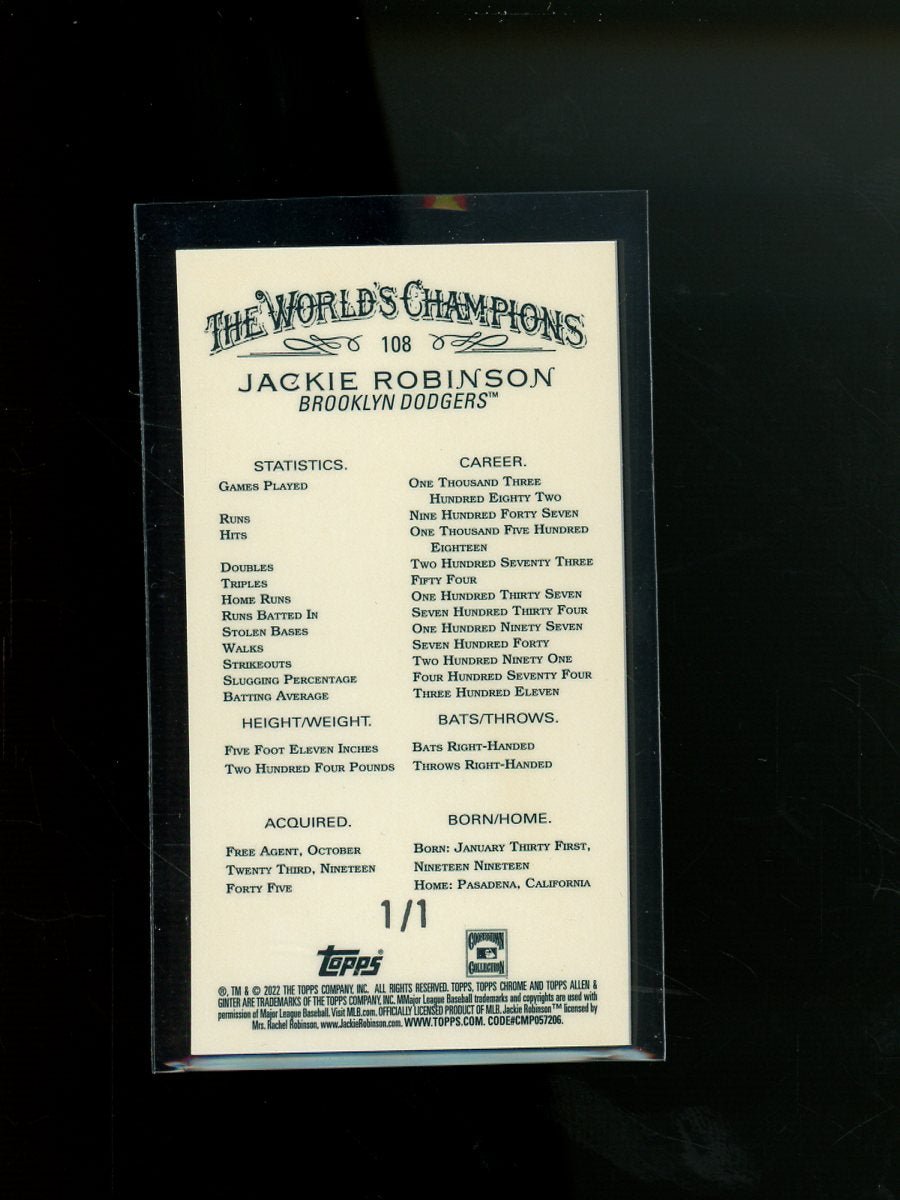 2022 Topps Allen and Ginter Jackie Robinson Mini Gold Vinyl 1/1 Dodgers