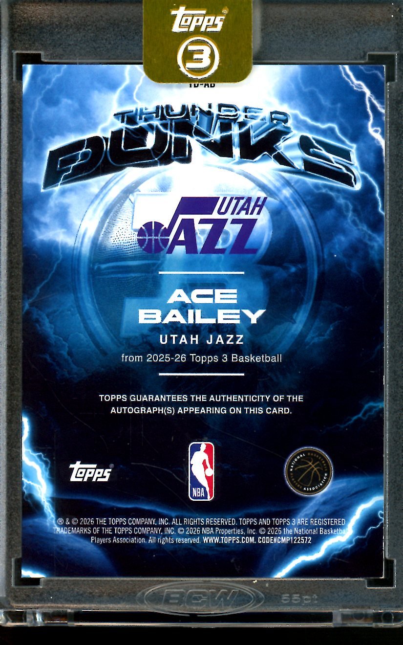 2026 Topps 3 Ace Bailey Thunder Dunks Rookie Autograph /49 Jazz