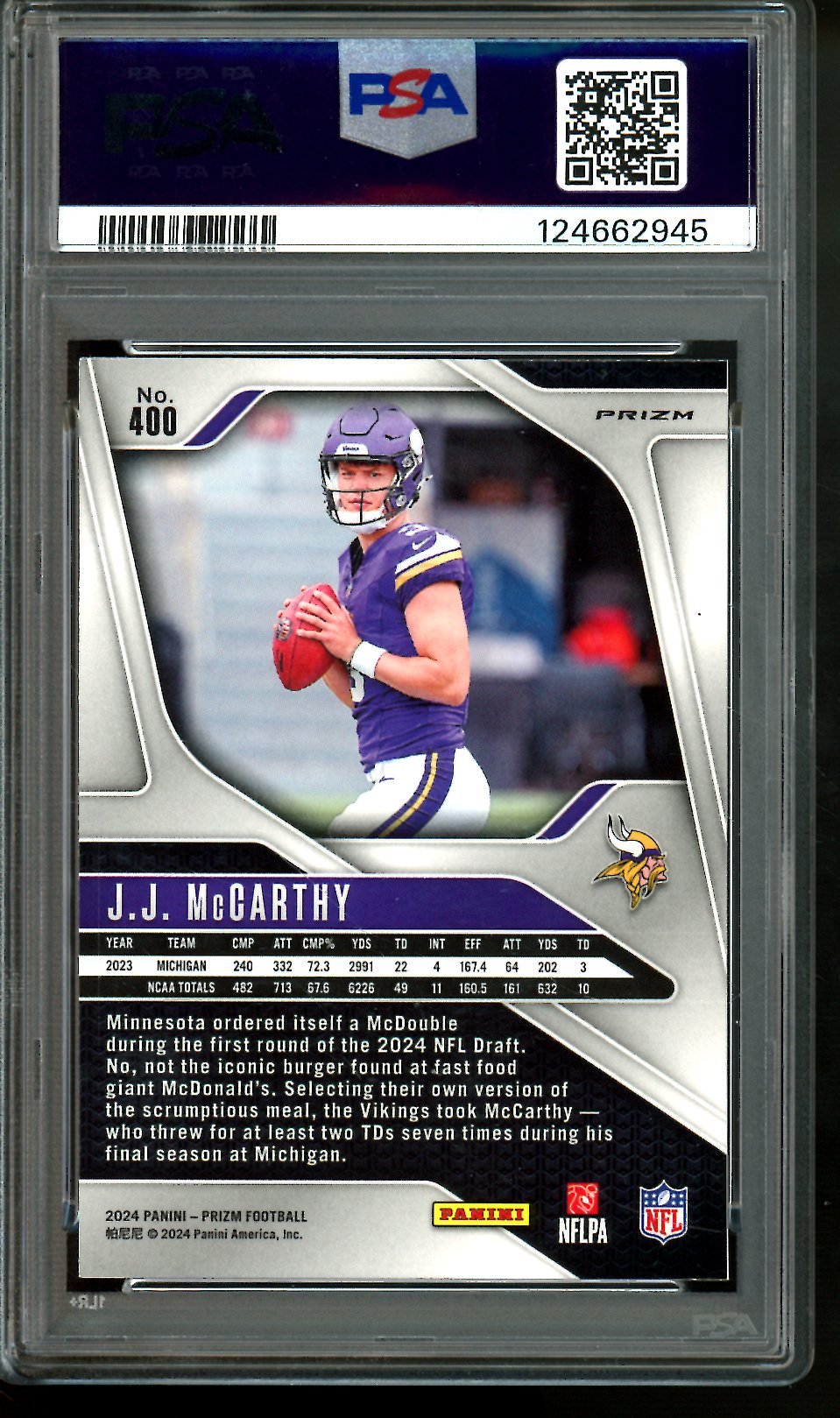 2024 Panini Prizm JJ McCarthy Silver Prizm Rookie PSA 10 Vikings