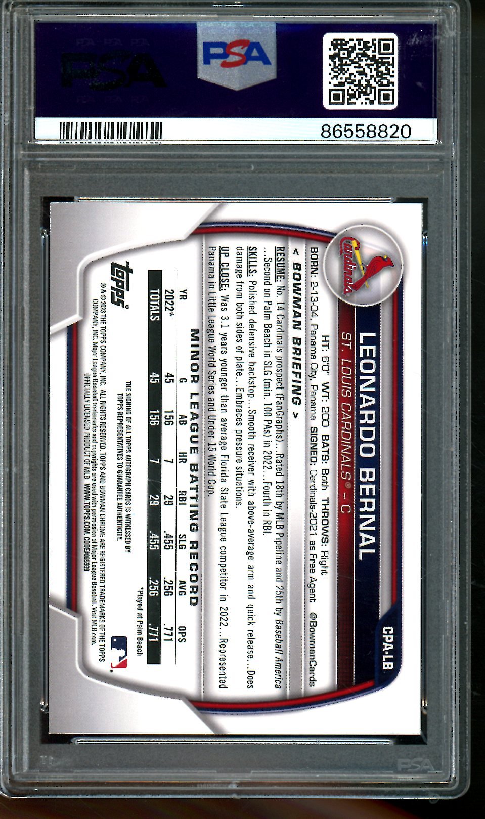 2023 Bowman Chrome Leonardo Bernal 1st Mojo Autograph 150 PSA 10 Cardinals