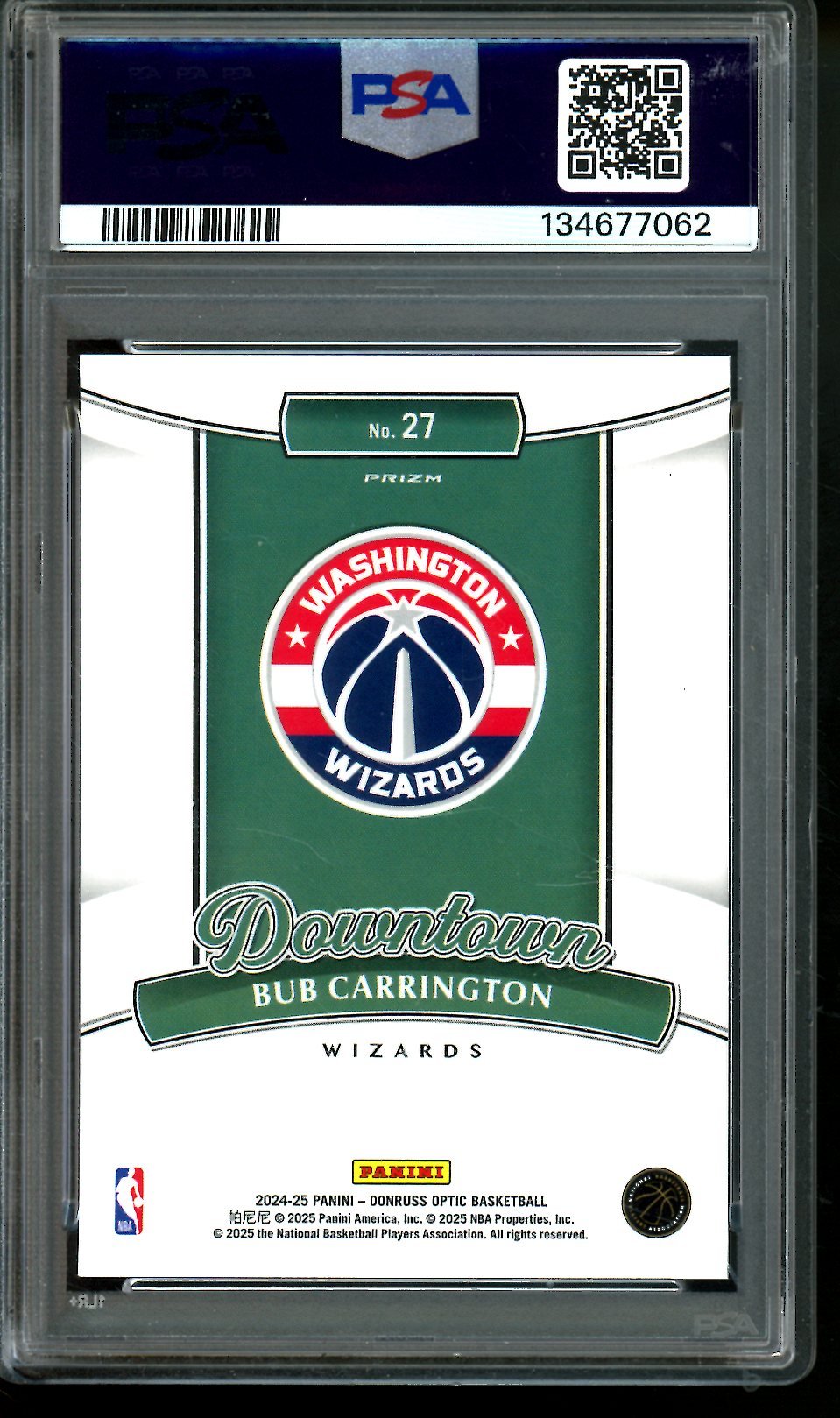 2025 Panini Optic Bub Carrington Downtown Case Hit Rookie PSA 10 Wizards