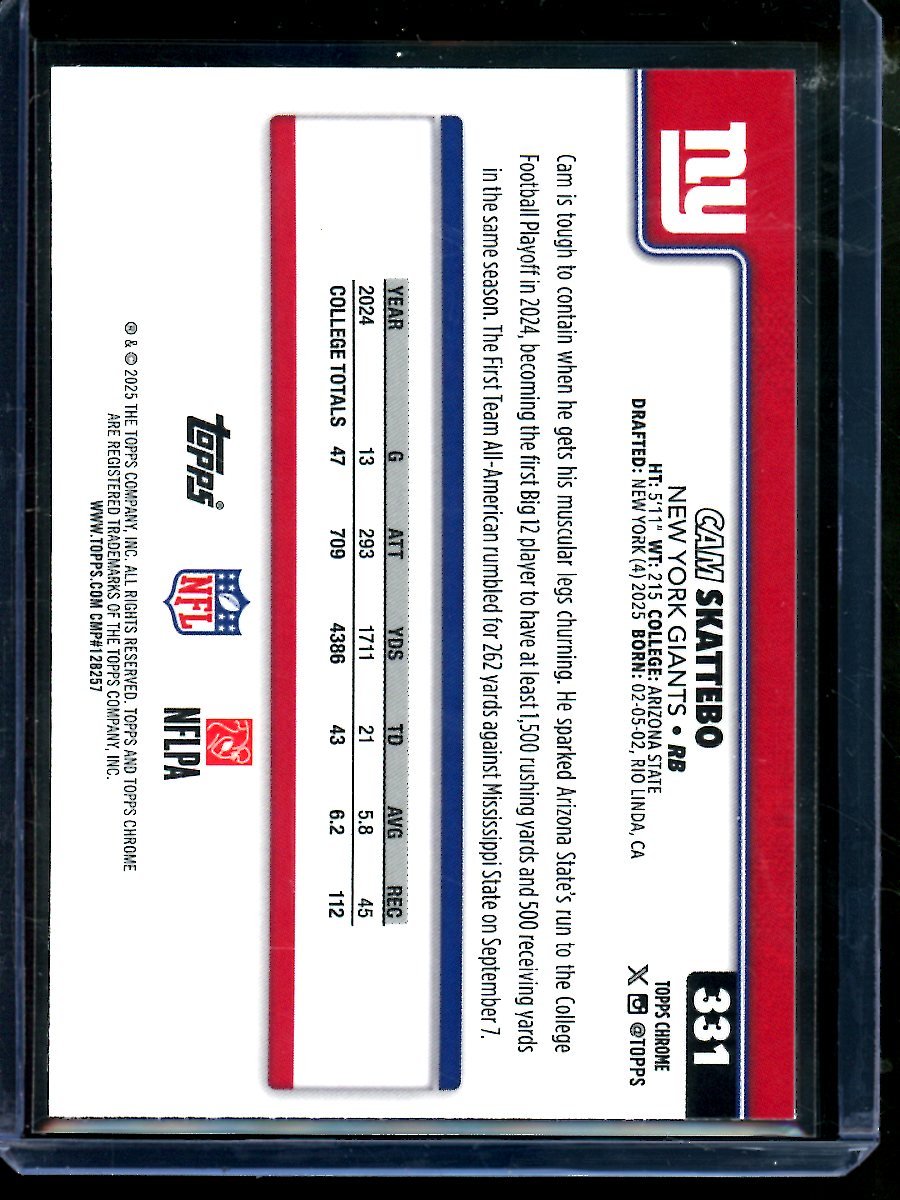 2025 Topps Chrome Cam Skattebo Neon Pulse Rookie Giants