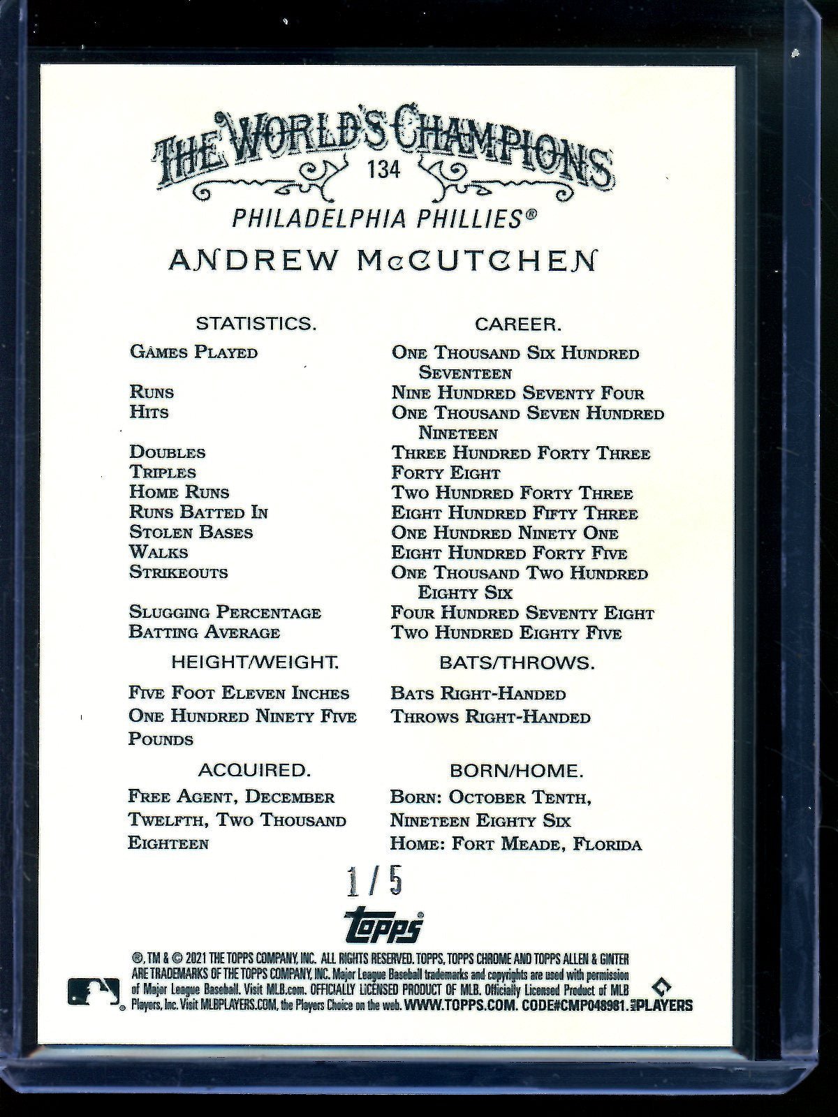 2021 Topps Allen and Ginter Chrome Andrew McCutchen Red Refractor /5 Phillies
