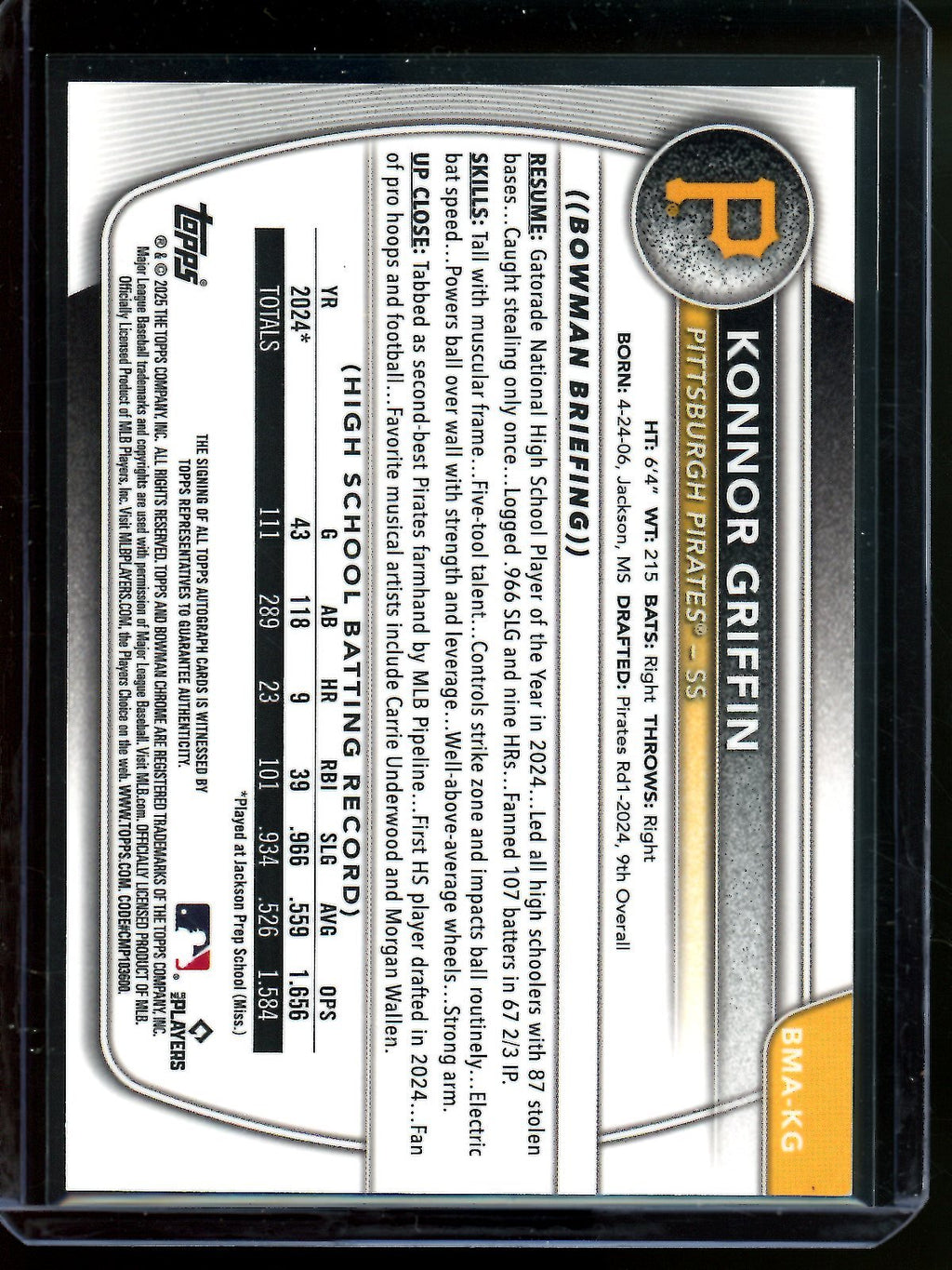 2025 Bowman Chrome Konnor Griffin Green Mojo Autograph /99 Pirates