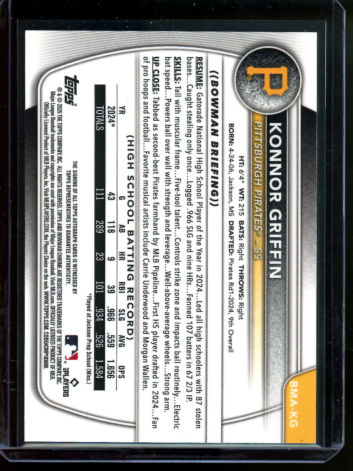 2025 Bowman Chrome Konnor Griffin Green Mojo Autograph /99 Pirates