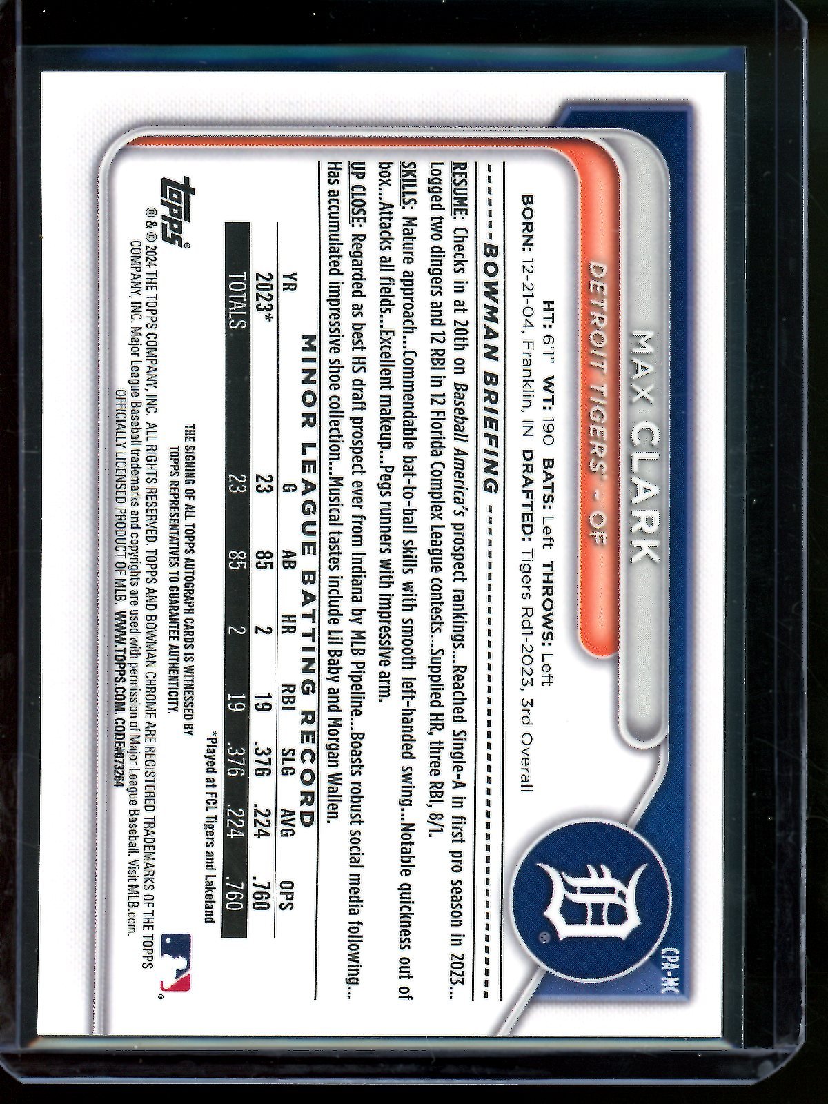 2024 Bowman Chrome Max Clark True Orange Autograph /25 Tigers