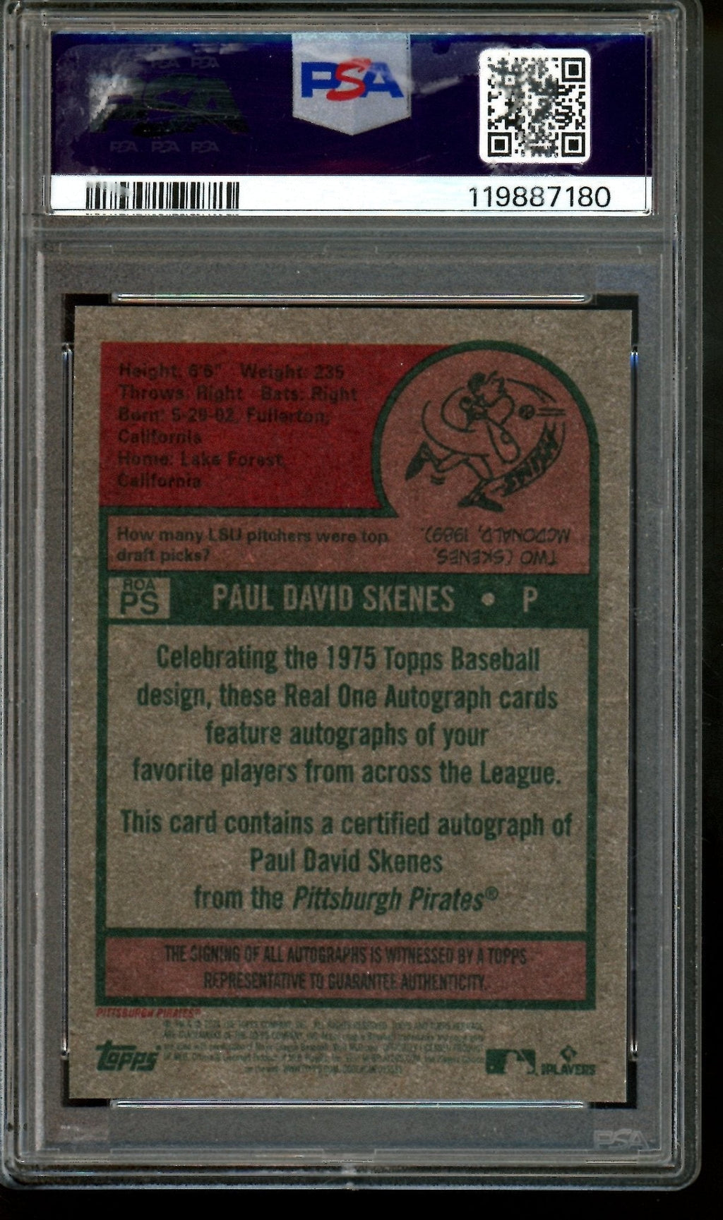 2024 Topps Heritage Paul Skenes Real One Rookie Autograph PSA 10 Pirates