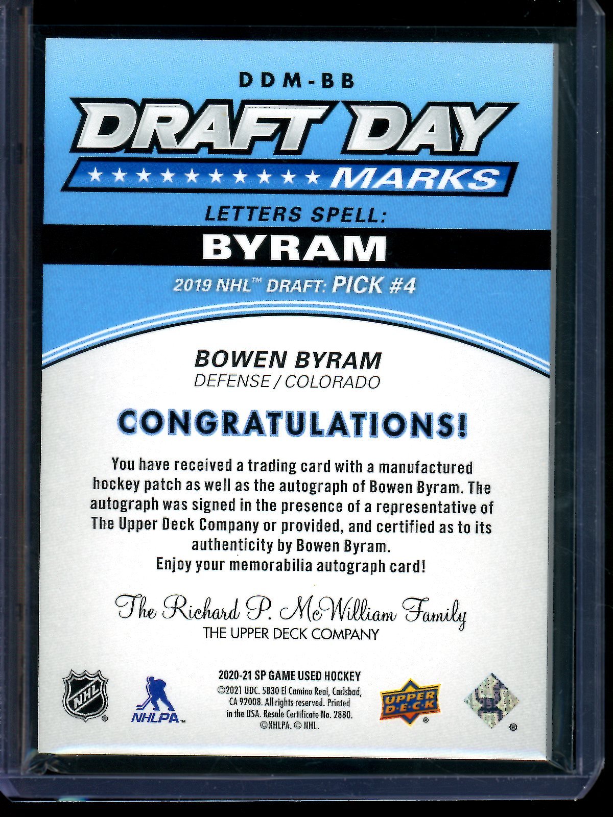 2021 Upper Deck Upper Deck Bowen Byram Draft Day Marks Autograph Patch /35 Colorado