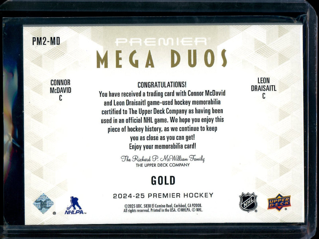 2025 Upper Deck Premier Connor McDavid / Leon Draisaitl Mega Duos Dual Relic Patch /25 Oilers