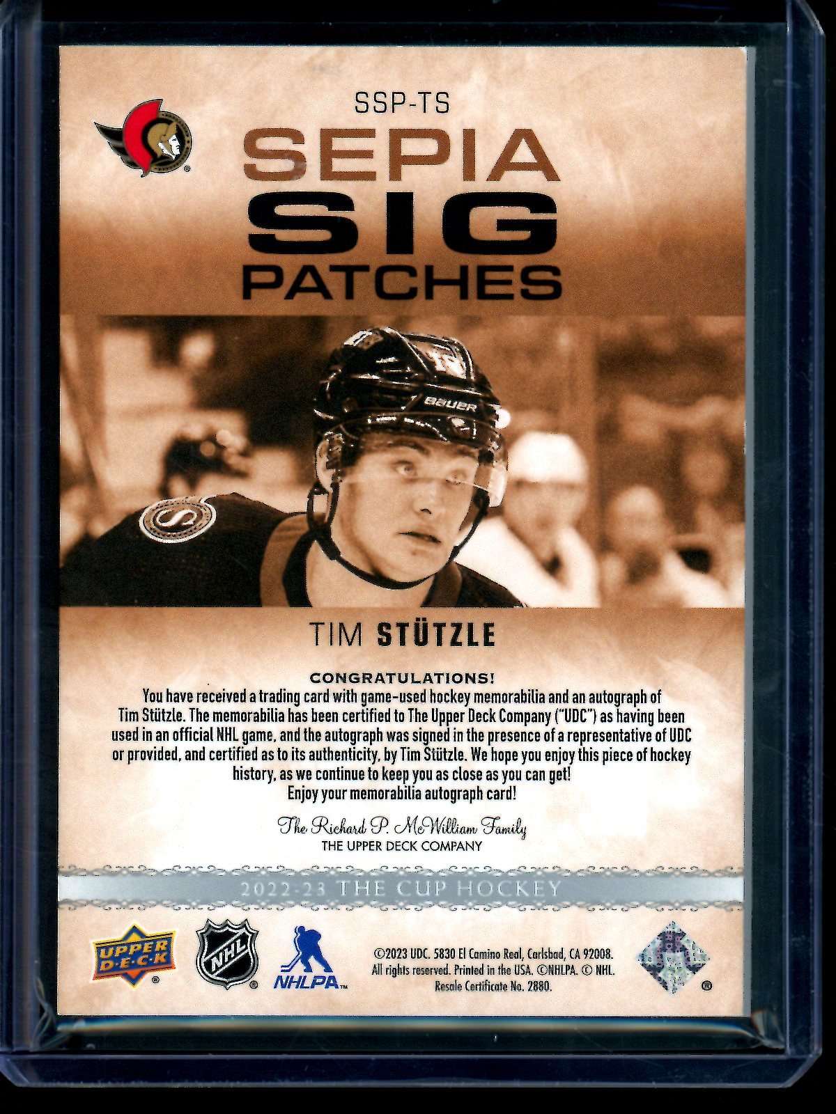 2023 Upper Deck The Cup Tim Stutzle Sepia Sig Patches /35 Senators