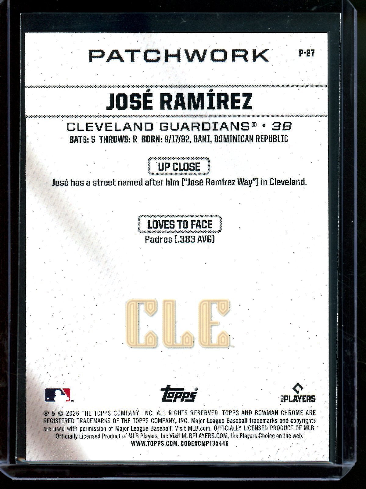 2026 Bowman Jose Ramirez Patchwork SSP #P-27 Guardians