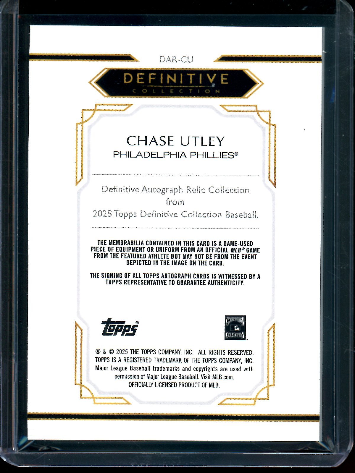 2025 Topps Definitive Chase Utley Bat Relic Autograph /50 Phillies
