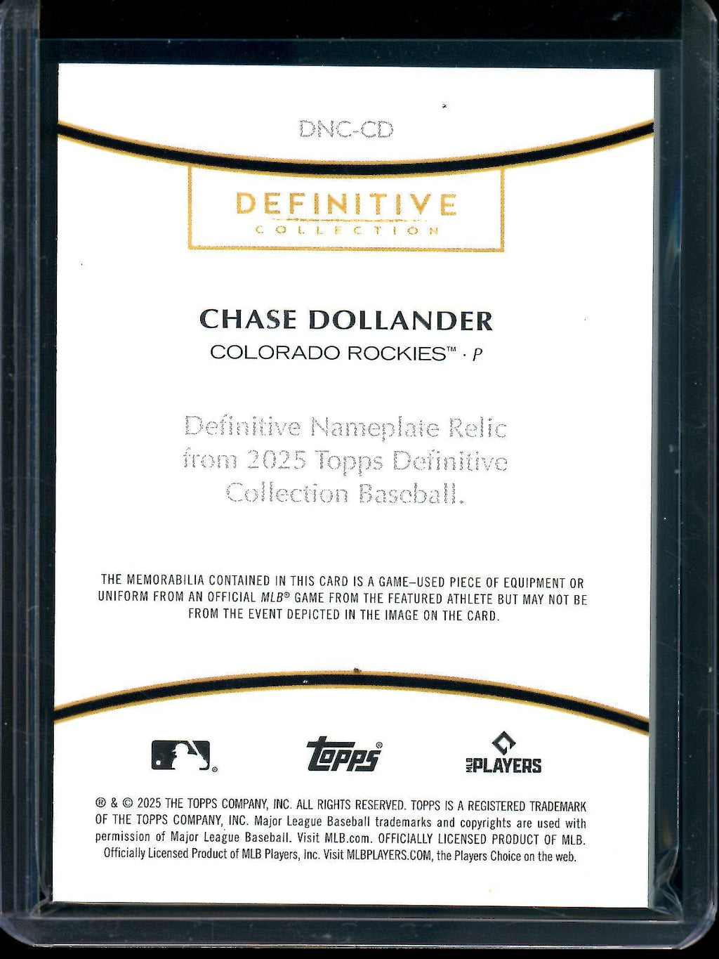 2025 Topps Definitive Chase Dollander Nameplate Relic 1/1 #DNC-CD Rockies