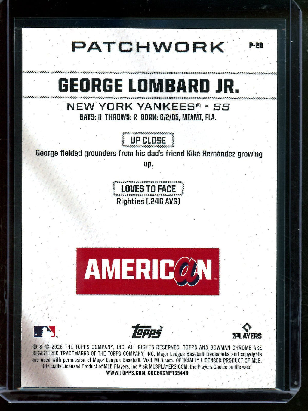 2026 Bowman Chrome George Lombard Jr Patchwork SSP #P-20 Yankees
