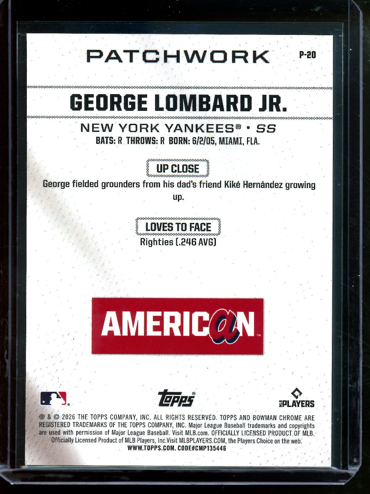 2026 Bowman Chrome George Lombard Jr Patchwork SSP #P-20 Yankees