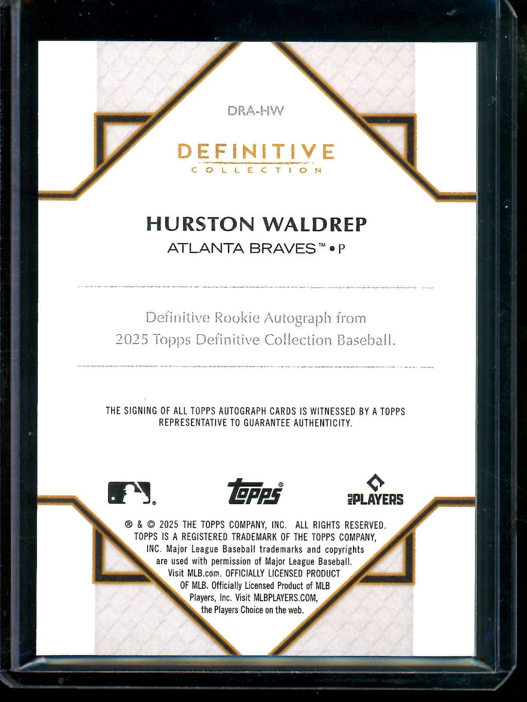 2025 Topps Definitive Hurston Waldrep Black Rookie Autograph /10 Braves
