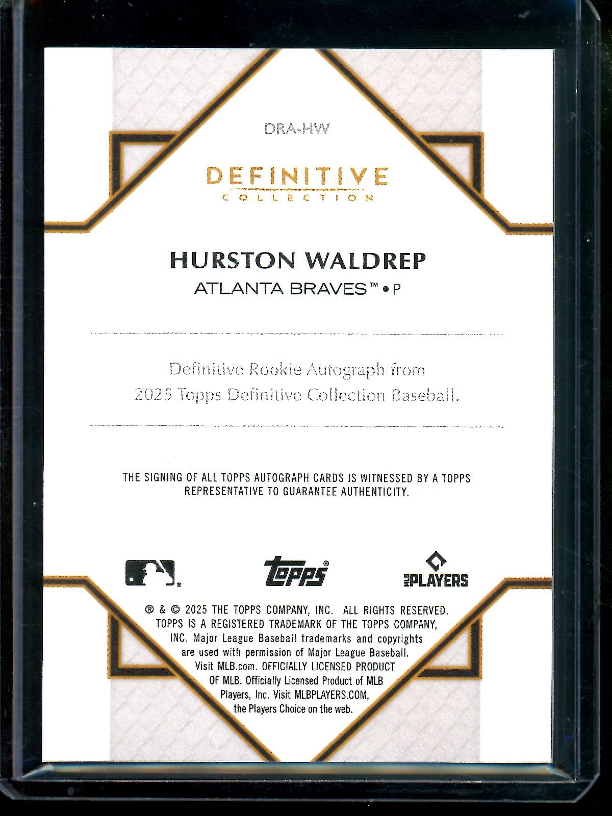 2025 Topps Definitive Hurston Waldrep Black Rookie Autograph /10 Braves