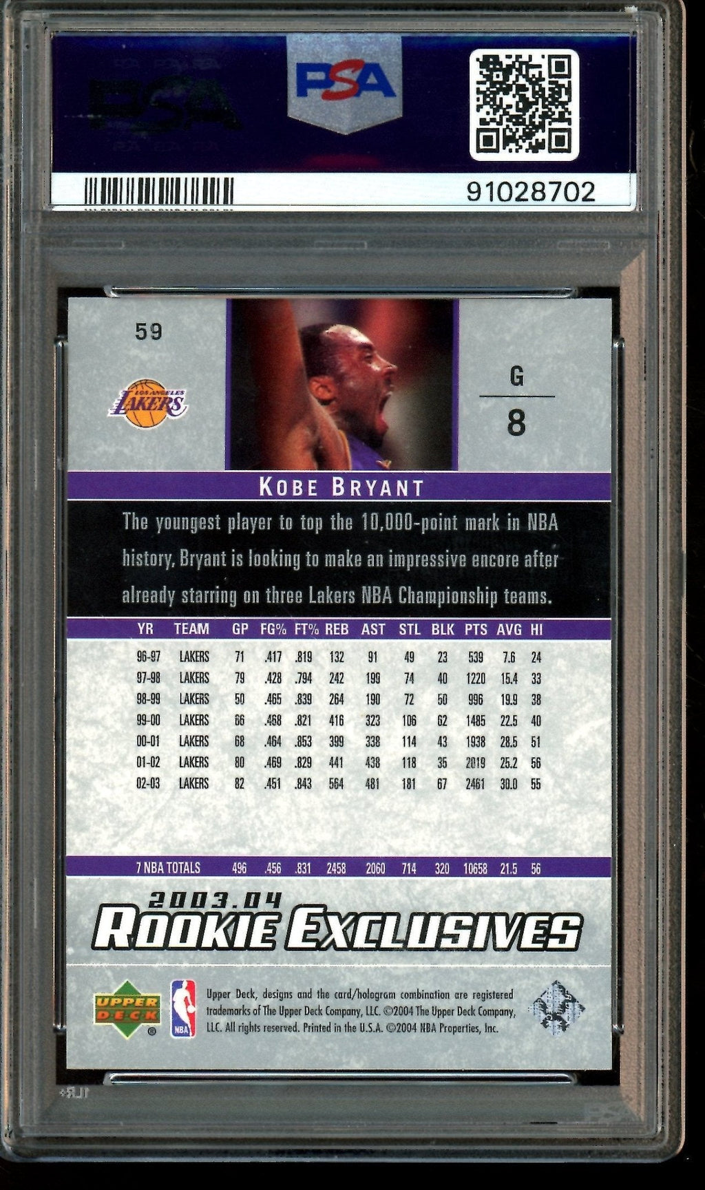 2003 Upper Deck Upper Deck Kobe Bryant Rookie Exclusives #59 PSA 10 Lakers