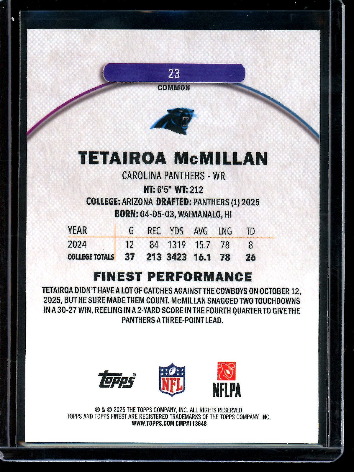 2025 Topps Finest Tetairoa McMillan Black Geometric Refractor Rookie /20 Panthers