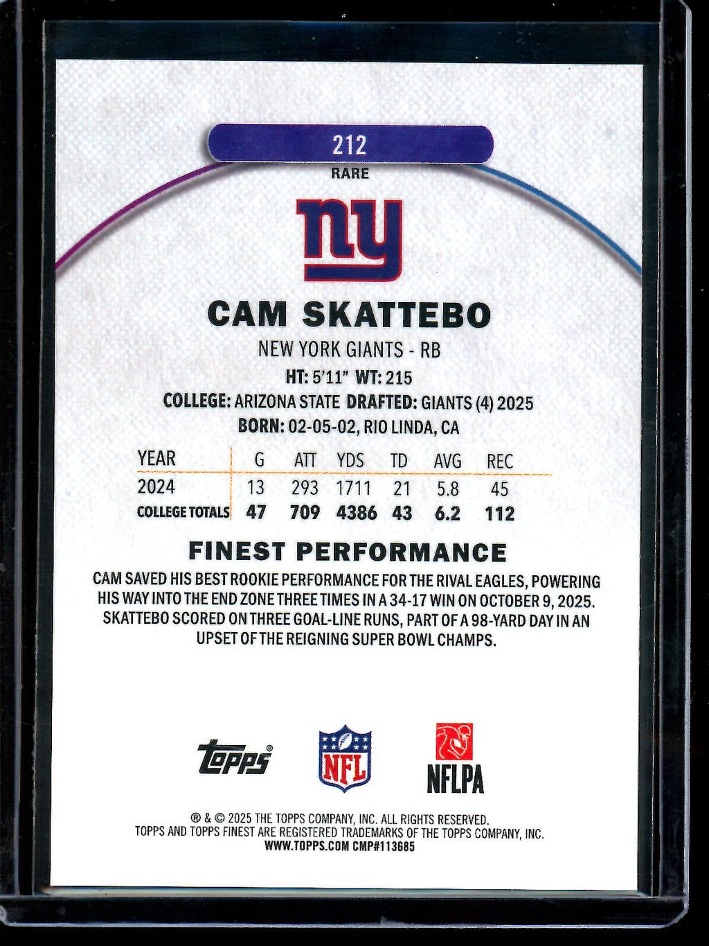 2025 Topps Finest Cam Skattebo Rare Black Geometric Rookie /10 Giants