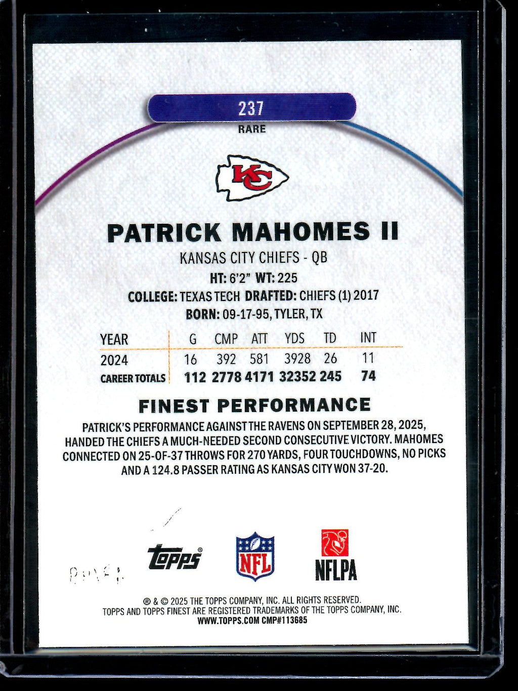 2025 Topps Finest Patrick Mahomes II Rare Blue Refractor /99 Chiefs