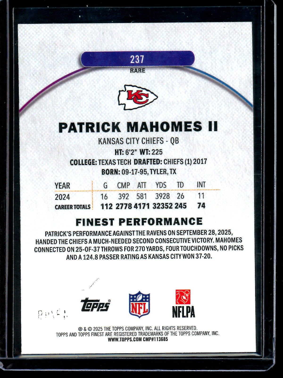 2025 Topps Finest Patrick Mahomes II Rare Blue Refractor /99 Chiefs
