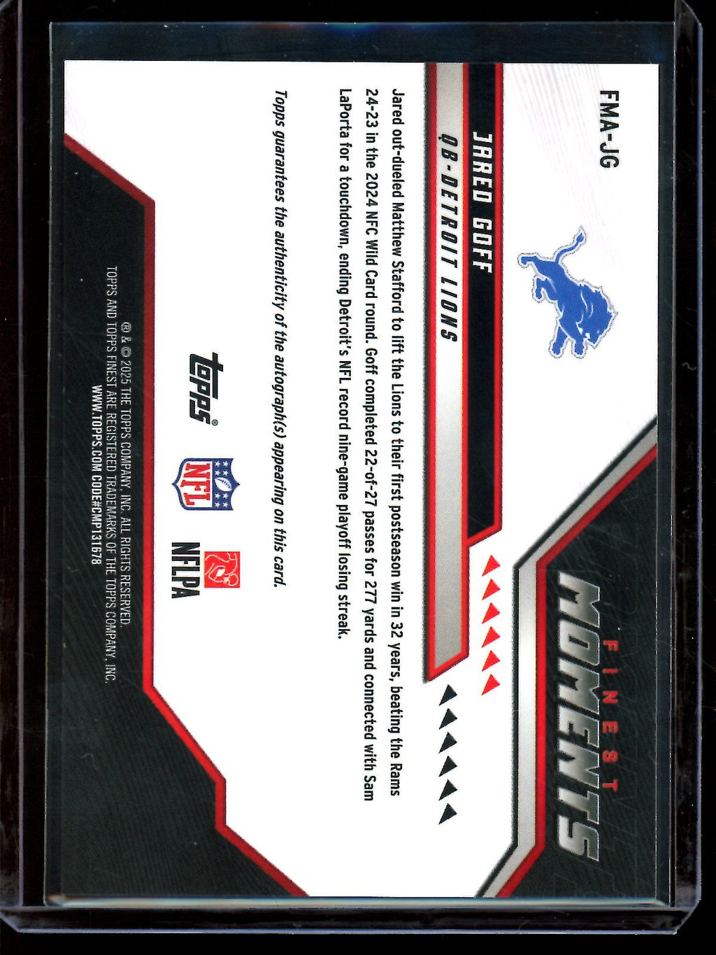 2025 Topps Finest Jared Goff Finest Moments Black Autograph /10 Lions
