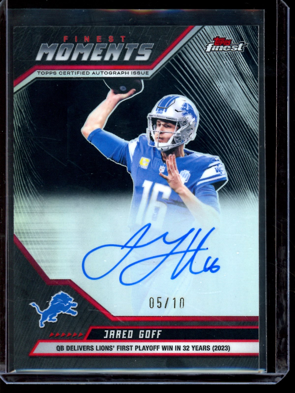 2025 Topps Finest Jared Goff Finest Moments Black Autograph /10 Lions