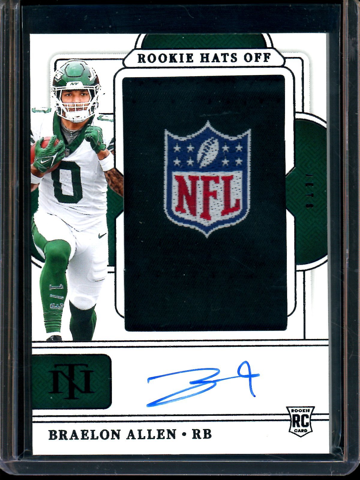 2024 Panini National Treasures Braelon Allen Rookie Hats Off Patch Autograph /3 Jets