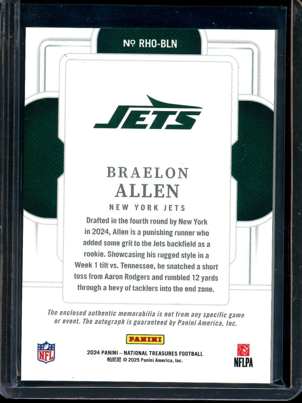 2024 Panini National Treasures Braelon Allen Rookie Hats Off Patch Autograph /3 Jets