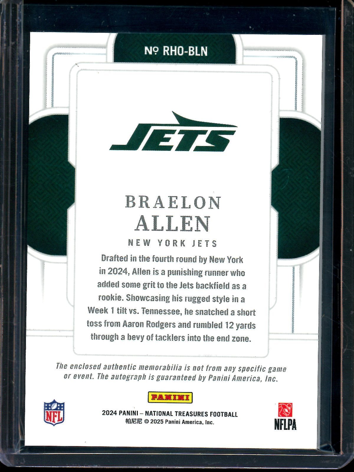 2024 Panini National Treasures Braelon Allen Rookie Hats Off Patch Autograph /3 Jets