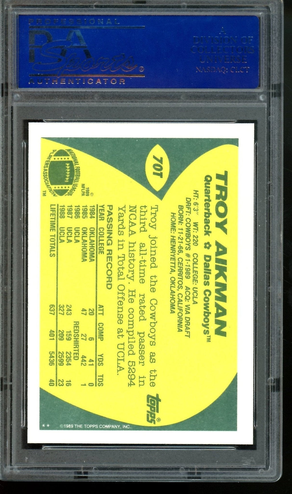 1989 Topps Traded Troy Aikman Rookie PSA 10 #70T Cowboys