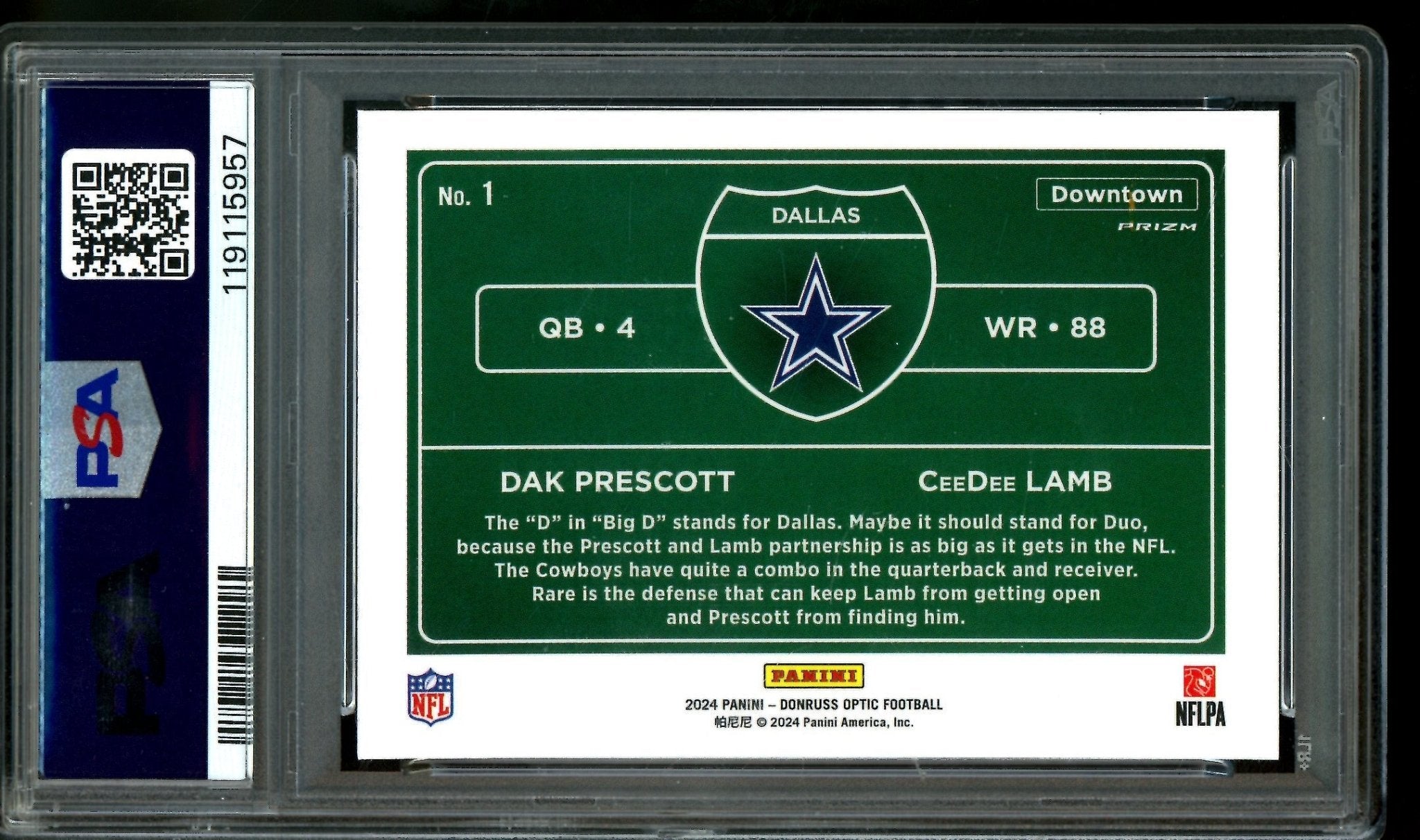 2024 Panini Optic Dak Precott / CeeDee Lamb Downtown Case Hit Dual PSA 9 Cowboys