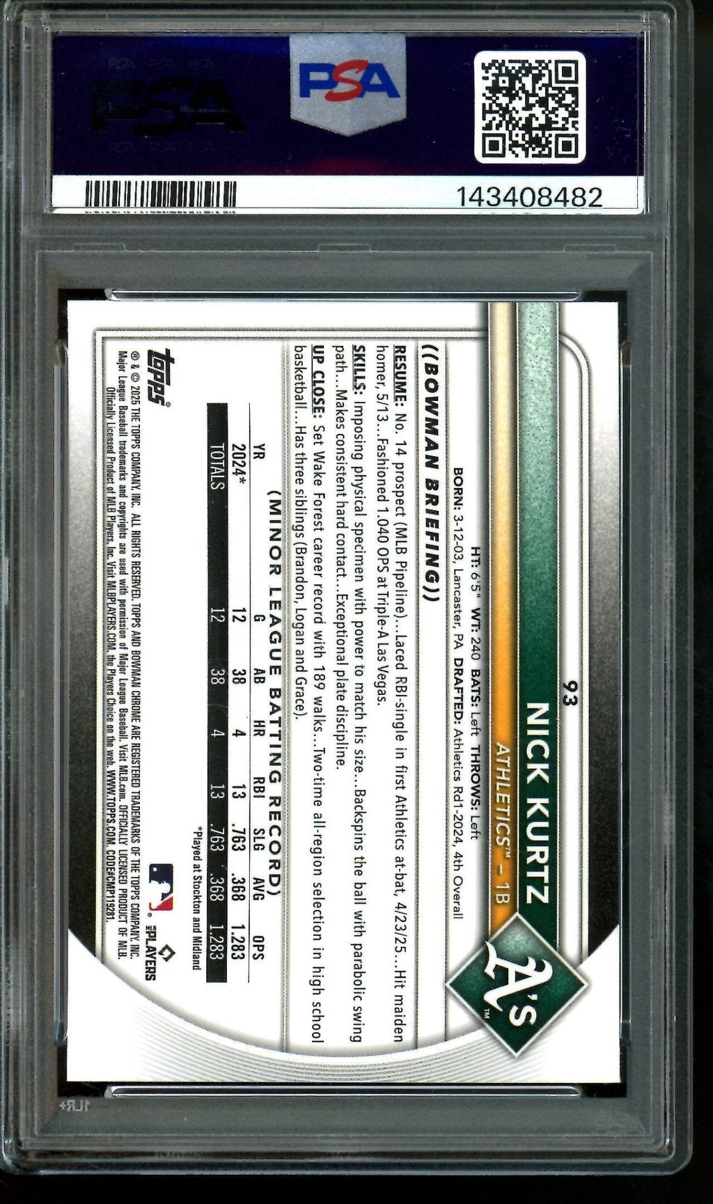 2025 Topps Chrome Nick Kurtz Red Rookie Redemption PSA 10 Athletics
