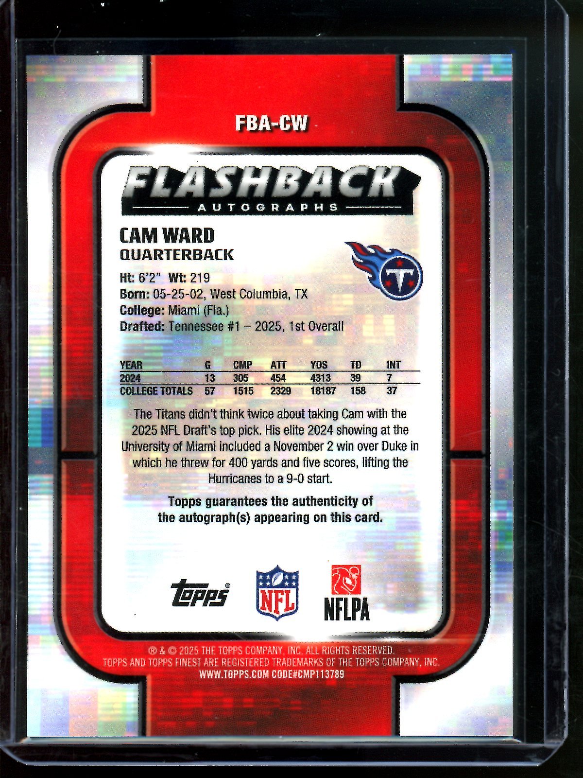 2025 Topps Finest Cam Ward Flashback Autographs Rookie Gold /50 Titans