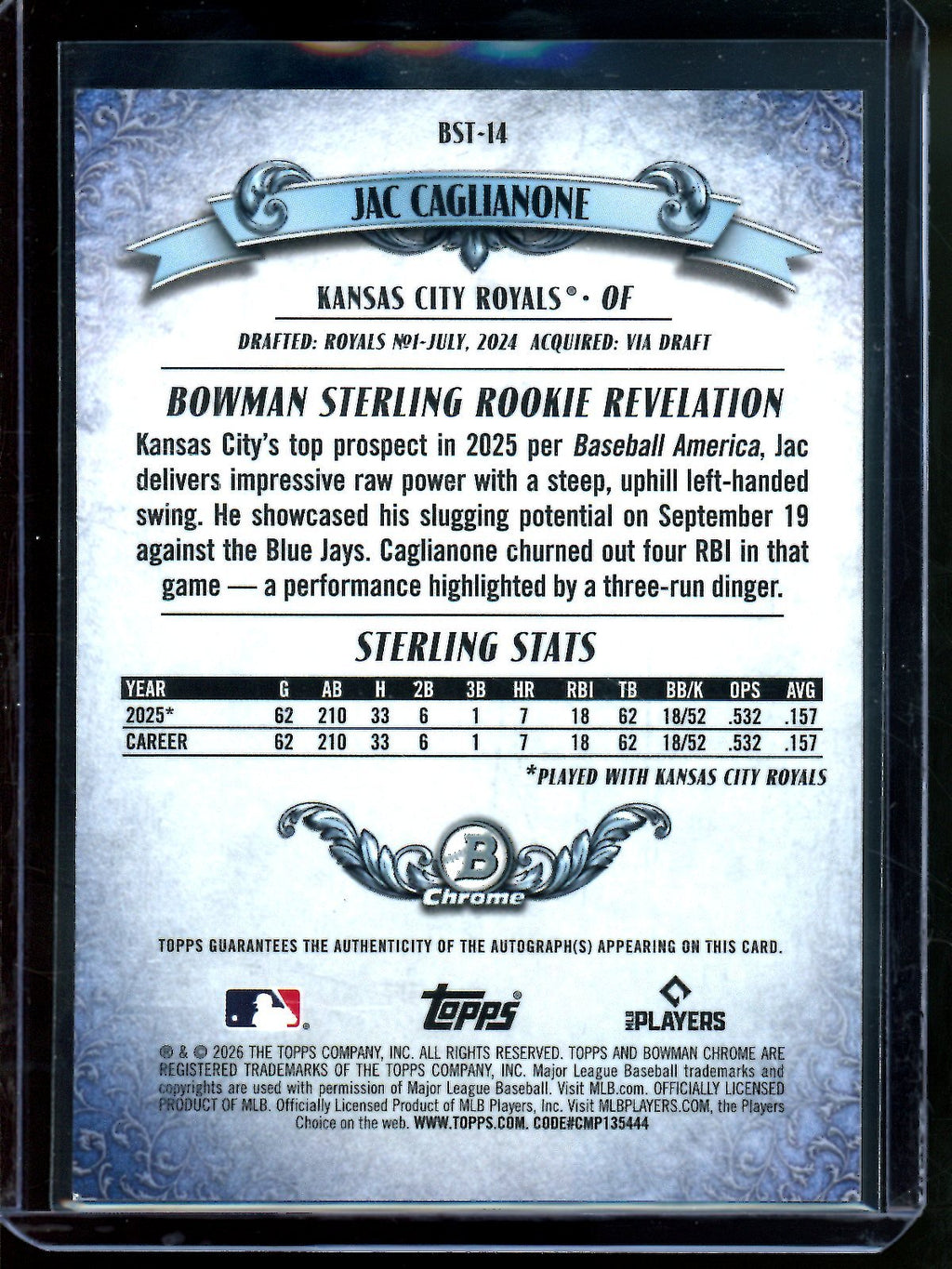 2026 Topps Bowman Chrome Jac Caglianone Sterling Autograph Refractor /150 Royals