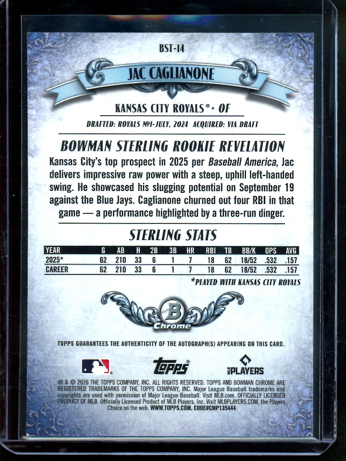 2026 Topps Bowman Chrome Jac Caglianone Sterling Autograph Refractor /150 Royals