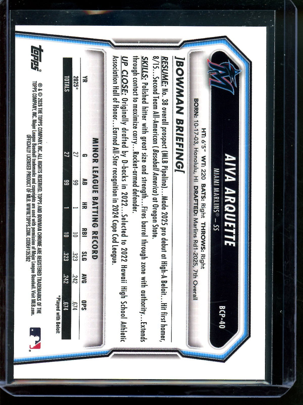 2026 Bowman Chrome Aiva Arquette Bowman Refractor 1st SP /35 Marlins