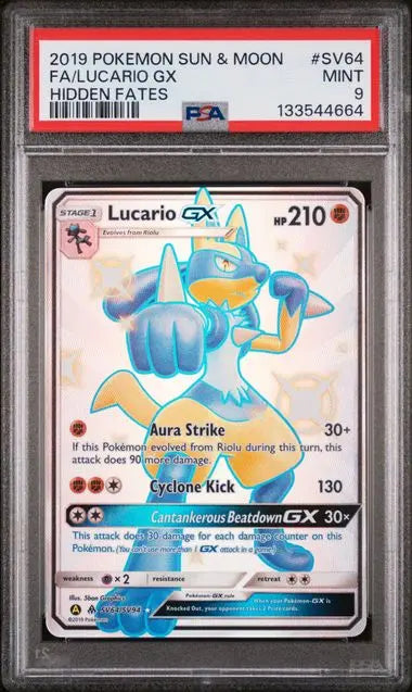 PSA 9 - 2019 POKEMON SUN & MOON HIDDEN FATES #SV64 FA/LUCARIO GX HIDDEN FATES