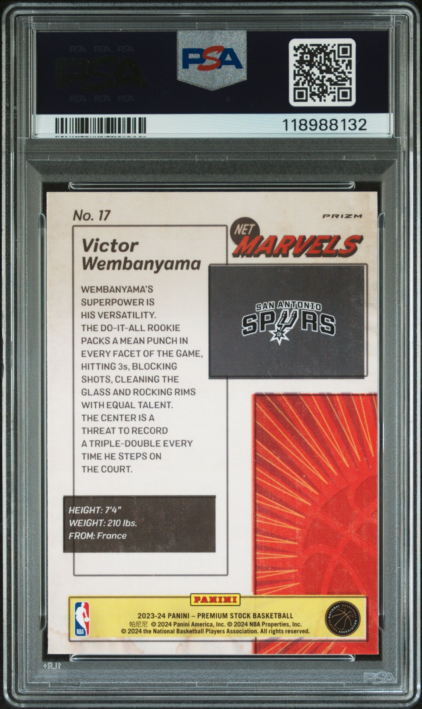 2023 Panini Hoops Premium -  Victor Wembanyama - Retro Net Marvels #17 - PSA Graded Card