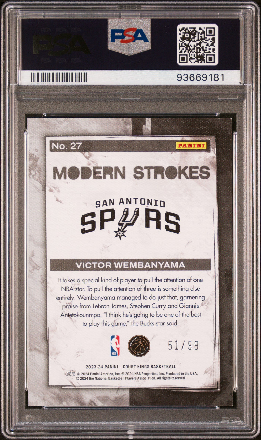2023 Panini Court Kings Modern Strokes - #27 - Victor Wembanyama - Amethyst Limited to /99 - PSA Graded Card