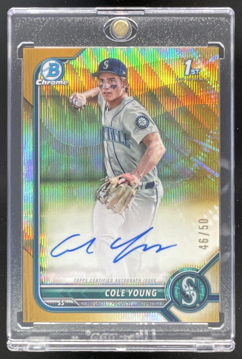 2022 Bowman Draft Chrome Pick Gold Wave Refractor #CDA-CY Cole Young RC Auto /50