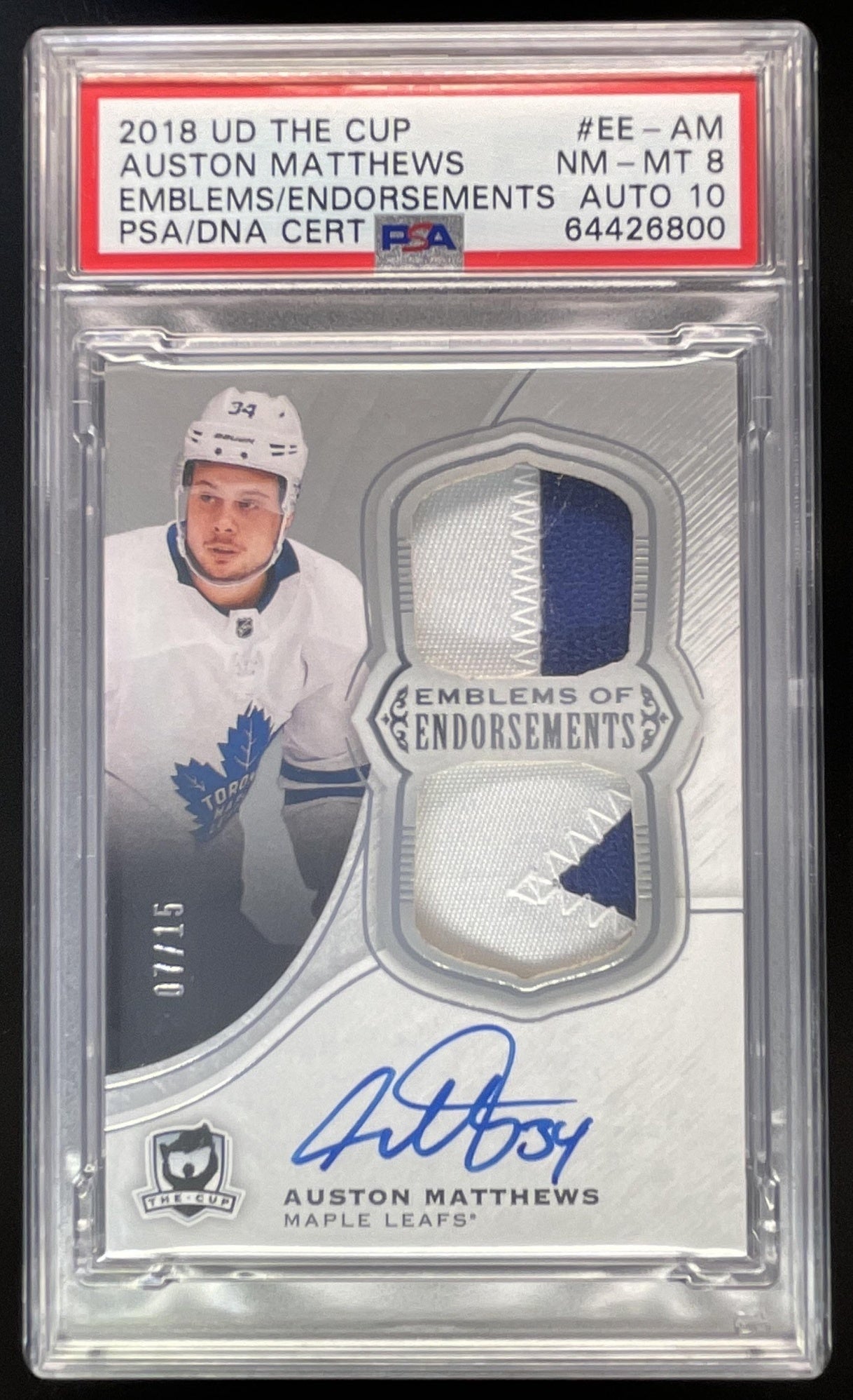 2018 The Cup Emblems Endorsement Autograph Patch Auston Matthews Auto /15 PSA 8