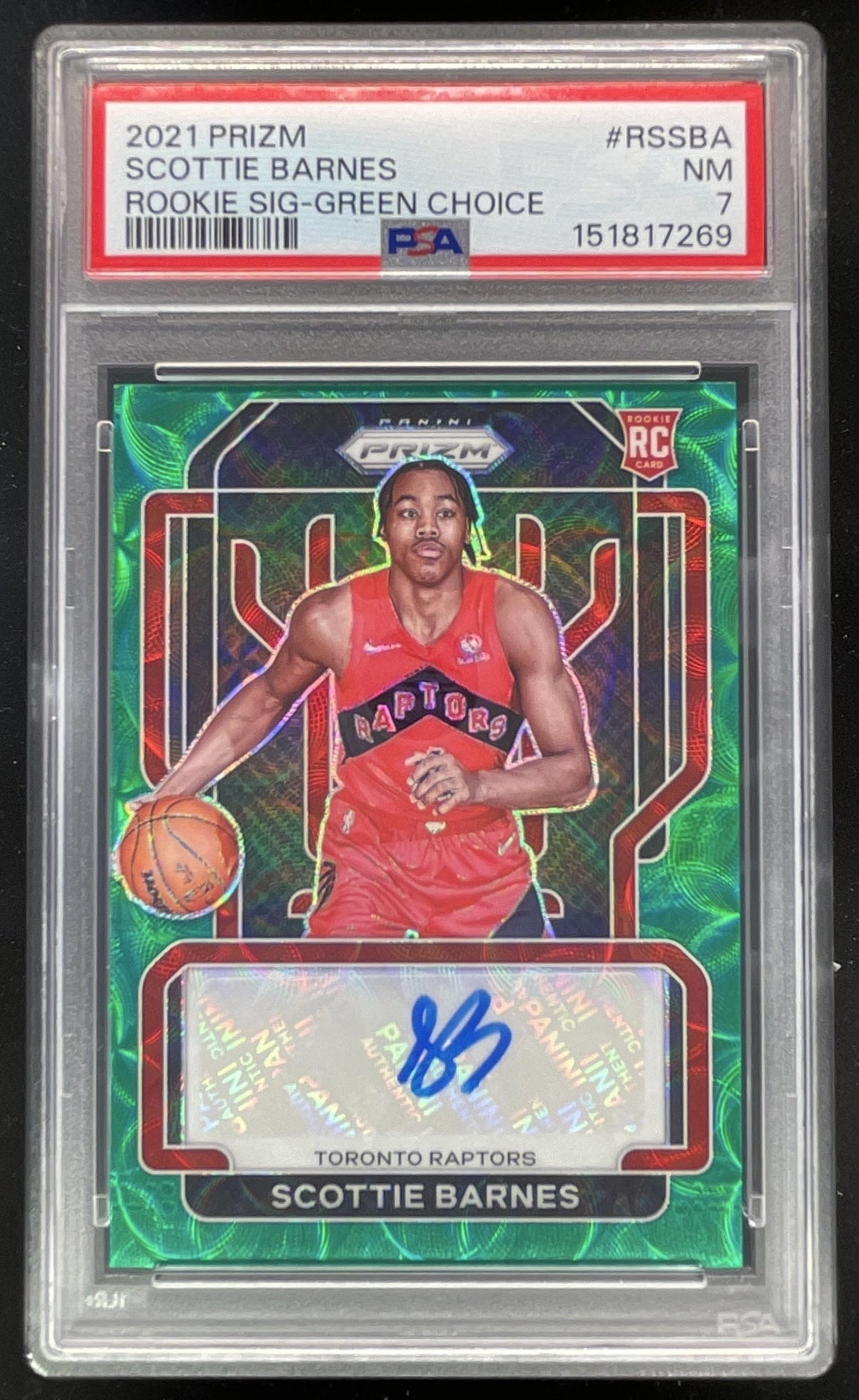 2021-22 Prizm Prizms Choice Green #RS-SBA Scottie Barnes RC Auto /8 PSA 7