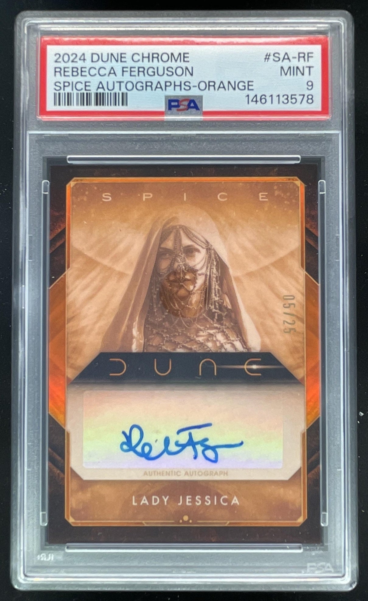 2024 Topps Chrome Dune Spice Orange #SA-RF Rebecca Ferguson Auto /25 PSA 9