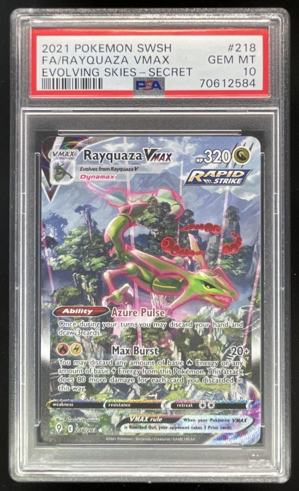 2021 Pokemon Sword & Shield Evolving Skies #218/203 Rayquaza VMAX PSA 10