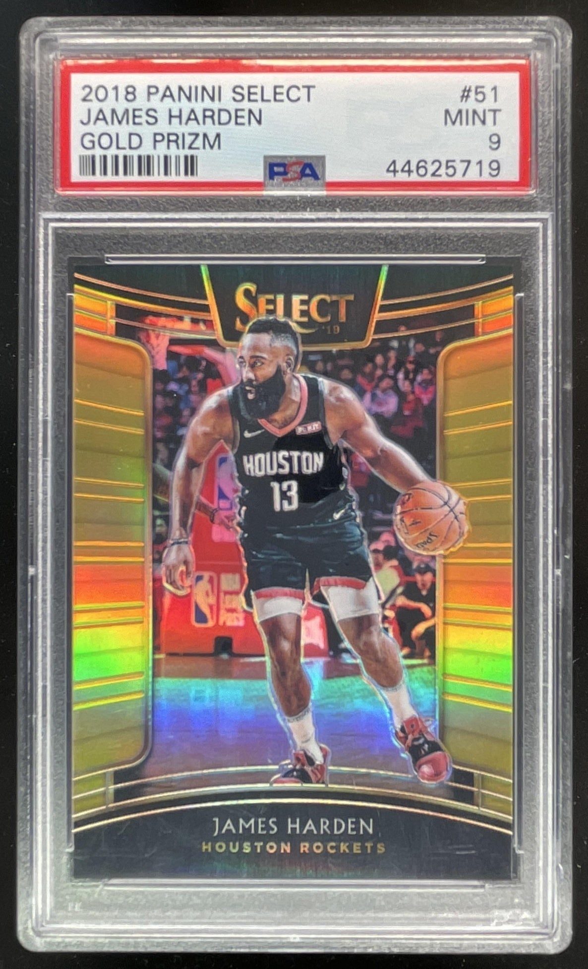 2018-19 Panini Select Gold Prizms #51 James Harden Concourse /10 PSA 9