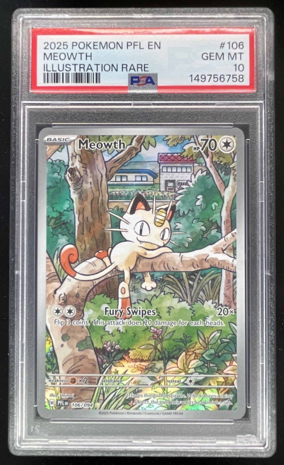 2025 Pokemon Phantasmal Flames #106/094 Meowth Illustration Rare PSA 10
